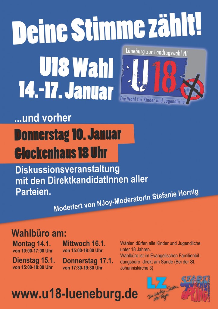 Plakat zur U18-Wahl und der Diskussionsveranstaltung